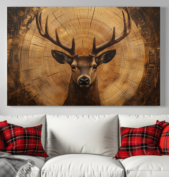 Deer Wall Art Canvas Print | Ready to Hang Canvas Print of a Stag with Rustic Tree Rings | Perfect for Farmhouse Wall Decor, Cabin Wall Art