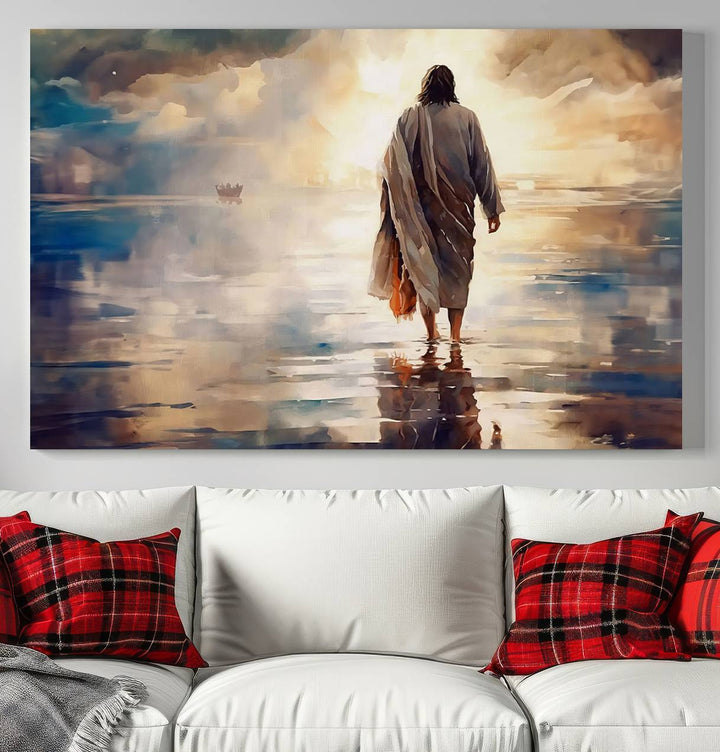 Jesus Walking on Water Wall Art | Ready to Hang Spiritual Triptych Canvas Print | Inspirational Christian Decor for Home or Church