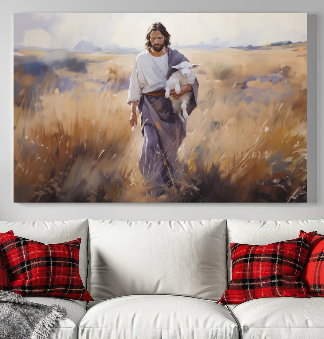 Jesus the Good Shepherd Wall Art Canvas Print - Lost Lamb  Print for Prayer Room Decor