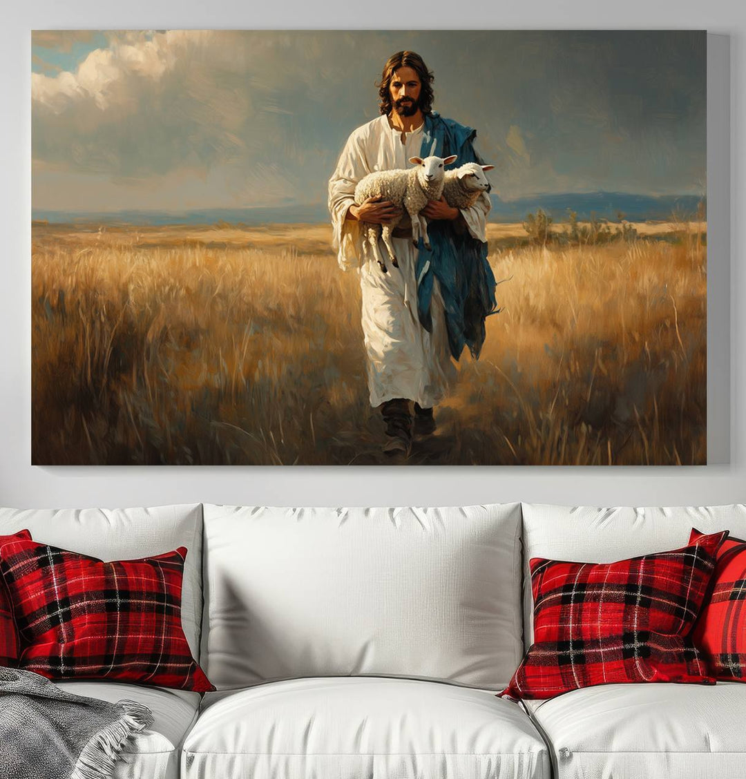 Jesus Shepherd Wall Art | Ready to Hang Triptych Canvas of Jesus Holding a Lamb in a Field | Inspirational Christian Decor for Home