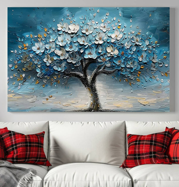 Abstract Blooming Tree Wall Art Print features blue, white, and gold textures on museum-quality canvas, perfect for modern decor.