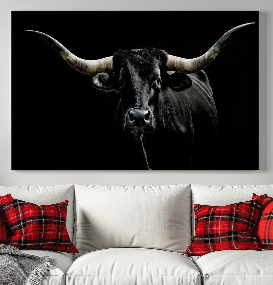 Texas Black Longhorn Bull Wall Art Canvas Print - Western Texas Cattle Rustic Decor Print - Longhorn Cow Wall Art