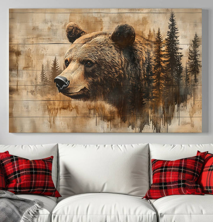 Abstract Rustic Grizzly Bear Wall Art Canvas Print - Woodland Wildlife Forest Print for Farmhouse Decor