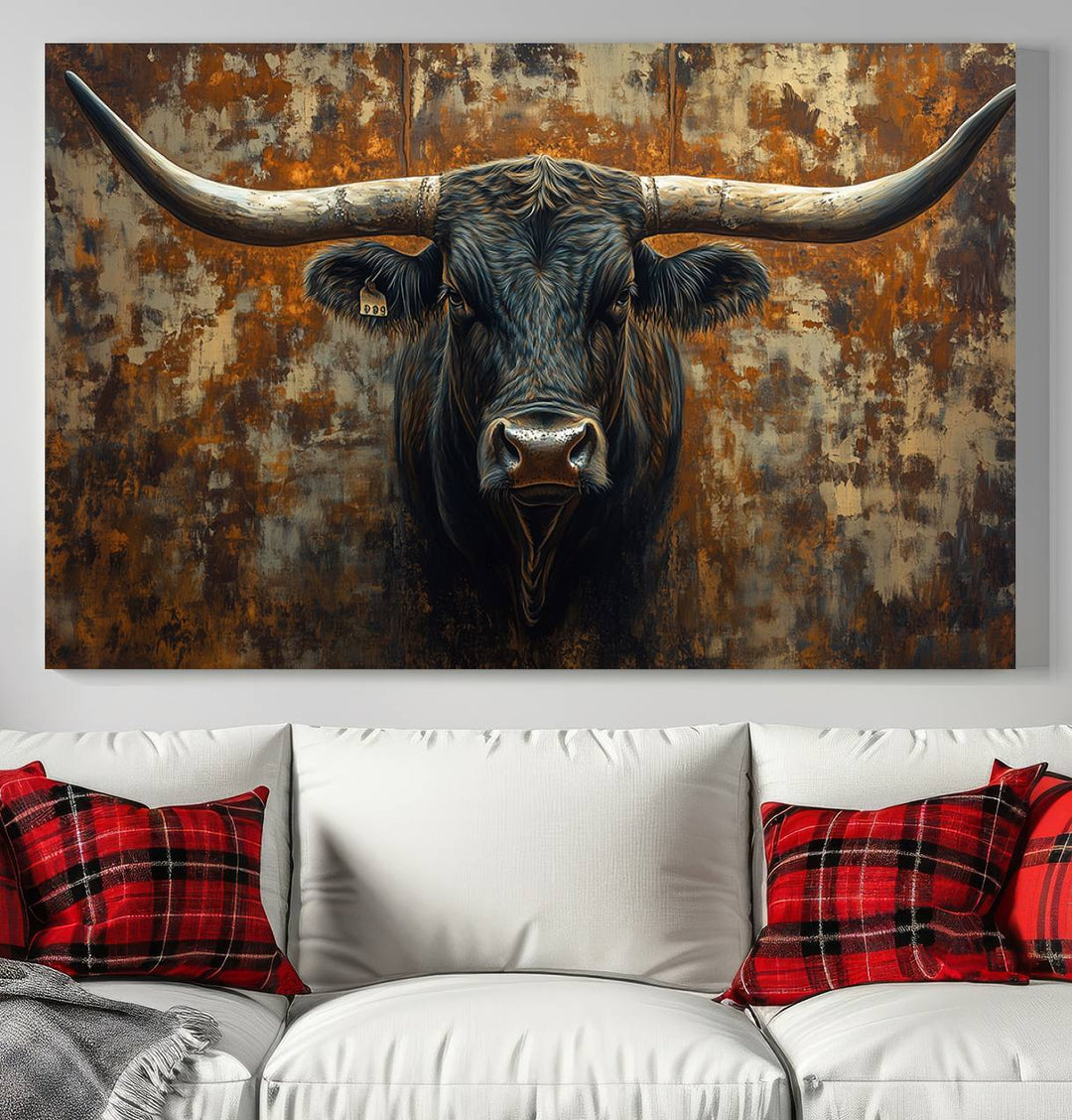 Abstract Longhorn Texas Bull Wall Art | Rustic Farmhouse Canvas Print | Ready to Hang Barn Decor for Farmhouse and Cabin Style