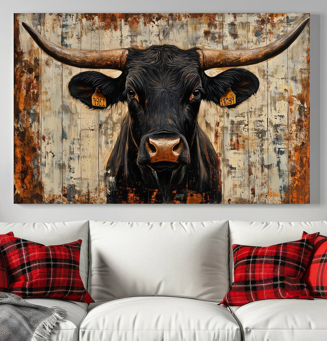 Abstract Cow Longhorn Bull Wall Art Canvas Print - Rustic Texas Western Cattle Artwork