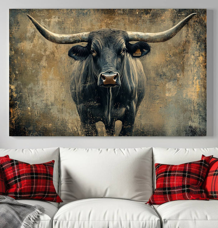 Abstract Cow Longhorn Bull Wall Art Canvas Print - Rustic Texas Western Cattle Artwork