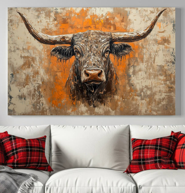 Abstract Cow Longhorn Bull Wall Art Canvas Print - Rustic Texas Western Cattle Artwork