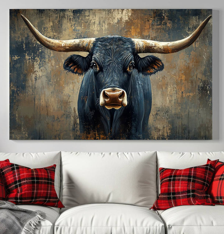 Abstract Cow Longhorn Bull Wall Art Canvas Print - Rustic Texas Western Cattle Artwork