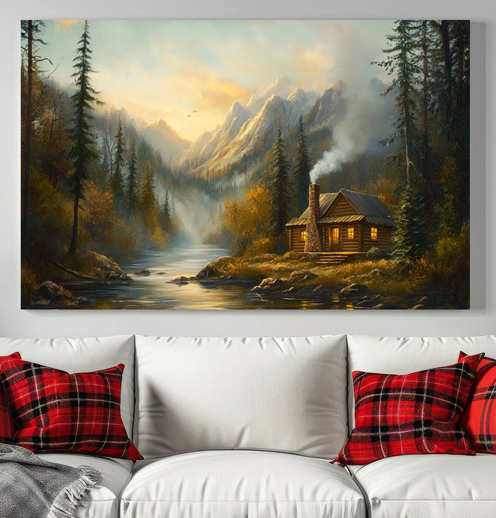 Wood Cabin Retreat Mountain at Sunset Wall Art Print - Serene Forest and River Landscape Wall Art Canvas Print