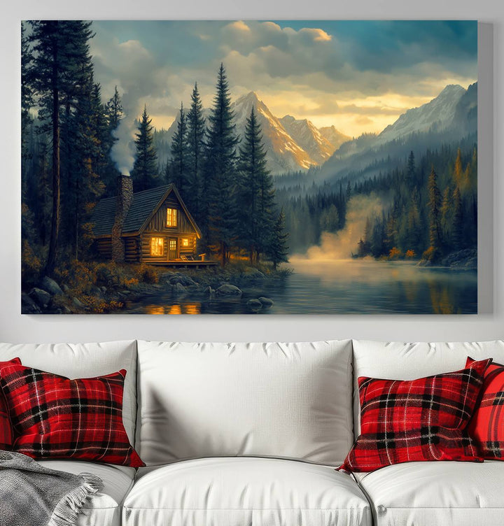 Mountain Cabin by the Lake at Sunset Wall Art - Serene Nature Canvas Print for Living Room Decor, Rustic Lodge Ambiance, 3-Panel Large Wall Art