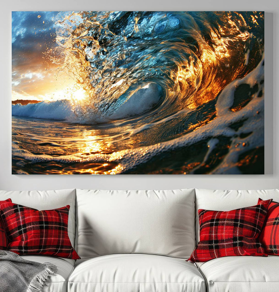 Ocean Wave at Sunset Wall Art | Ready to Hang Triptych Canvas Print | Coastal Wall Art for Living Room | Nautical and Beach House Decor