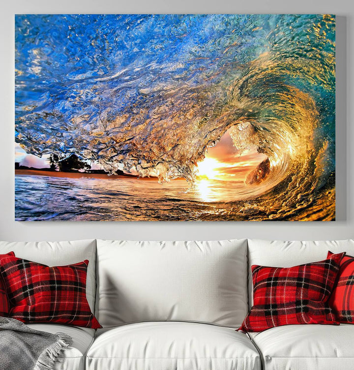 Ocean Wave at Sunset Canvas Print | Large Coastal Ocean Wall Art Print | Vibrant Beach Waves Art Print | Surf Lover Gift | Nautical Decor