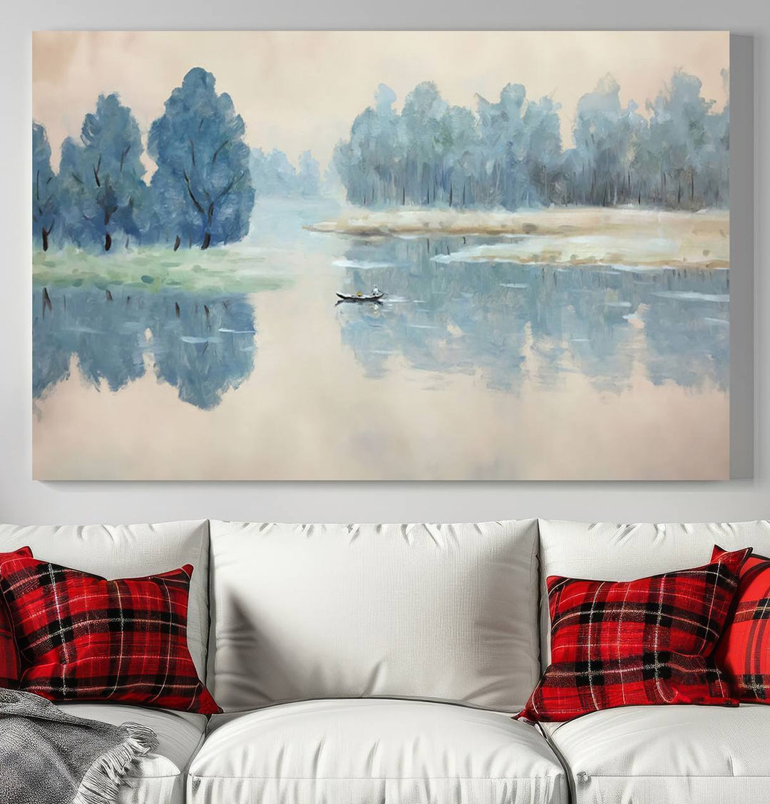 Landscape Printing Lake and Boat Scene | Serene Landscape Wall Art for Nature Lovers | Ready to Hang Triptych Canvas Print | Peaceful Blue Trees and Water Reflection Decor