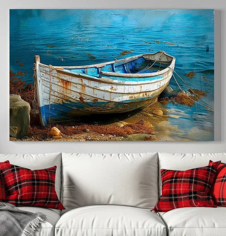 Vintage Boat on Tranquil Waters | Coastal Wall Art for Nautical Decor | Rustic Triptych Canvas Print | Beach House Art for Coastal Home Decor