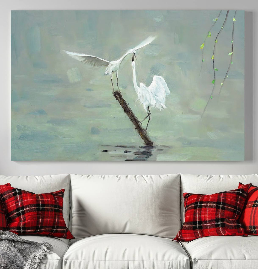 Elegant White Herons on Calm Waters | Coastal Wall Art for Nature-Inspired Decor | Serene Triptych Canvas Print | Ready to Hang Bird-Themed Art for Home Decor