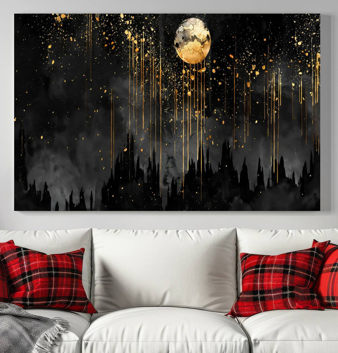 Gold Moon and Black Skyline Abstract Wall Art | Dark Modern Canvas Print with Dripping Gold Accents | Triptych Contemporary Homes