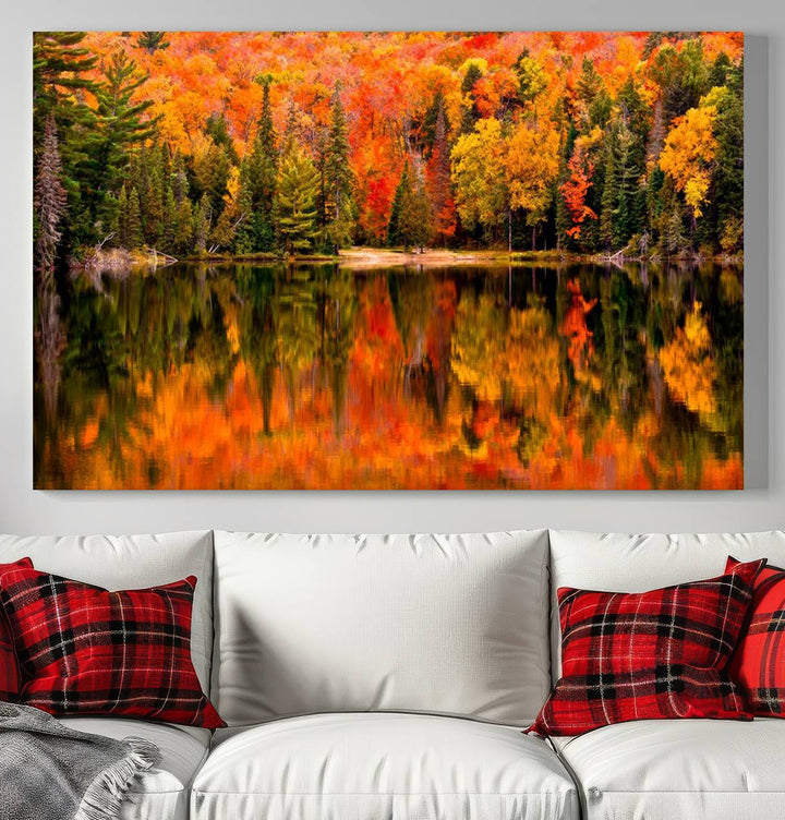 Autumn Forest Reflection Wall Art | Triptych Canvas Print | Vibrant Fall Foliage Wall Decor | Nature-Inspired Cabin Wall Art for Living Room