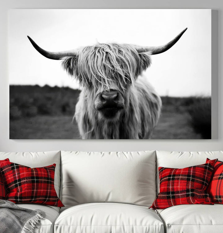 Highland Cow Wall Art | Black and White Farmhouse Decor | Ready to Hang Triptych Canvas Print | Rustic Barn Decor | Scottish Highland Cattle Art Print