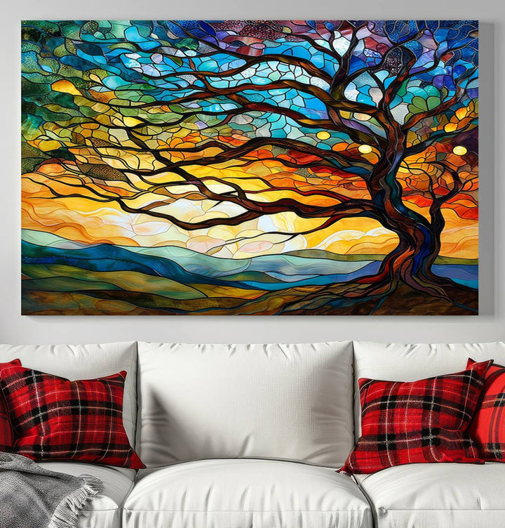 Vibrant Mosaic Tree of Life Wall Art | Stained Glass Style Canvas Print | Ready to Hang Artistic Decor