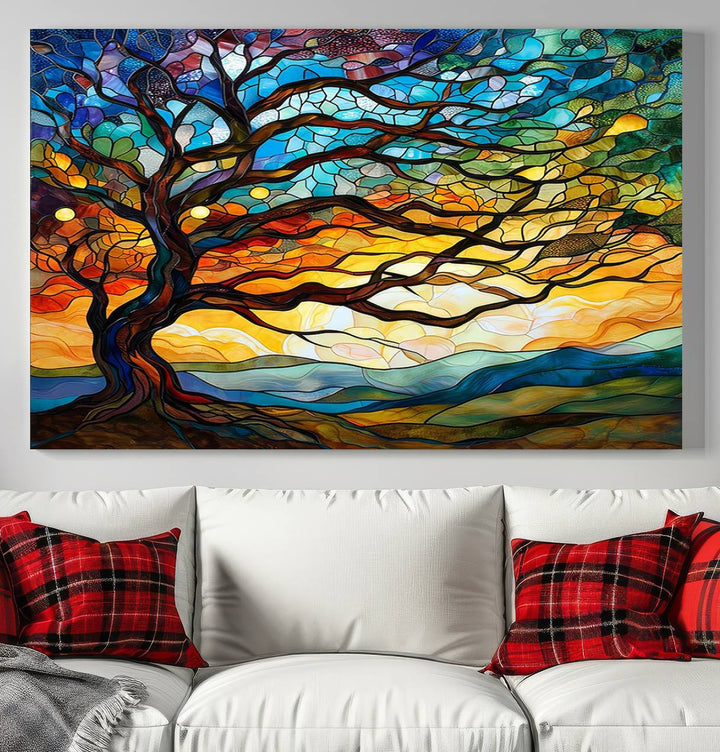 Mosaic Tree Wall Art | Ready to Hang Stained Glass Style Canvas Print | Farmhouse Wall Decor, Cabin Wall Art, and Unique Nature Home Decor