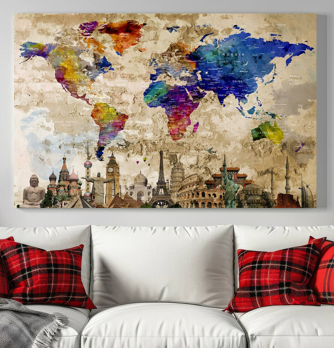 Artistic world map featuring landmarks like the Eiffel Tower, printed on premium wall art for office or living space.