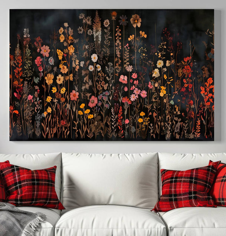 A large wildflower painting print on canvas featuring a colorful floral illustration, perfect as botanical decor for a stylish home.