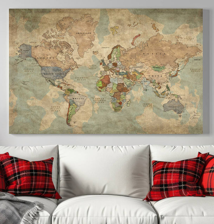 Vintage World Map Canvas Wall Art – Antique Triptych Map Print – Rustic Global Decor for Living Room or Office – Ready to Hang