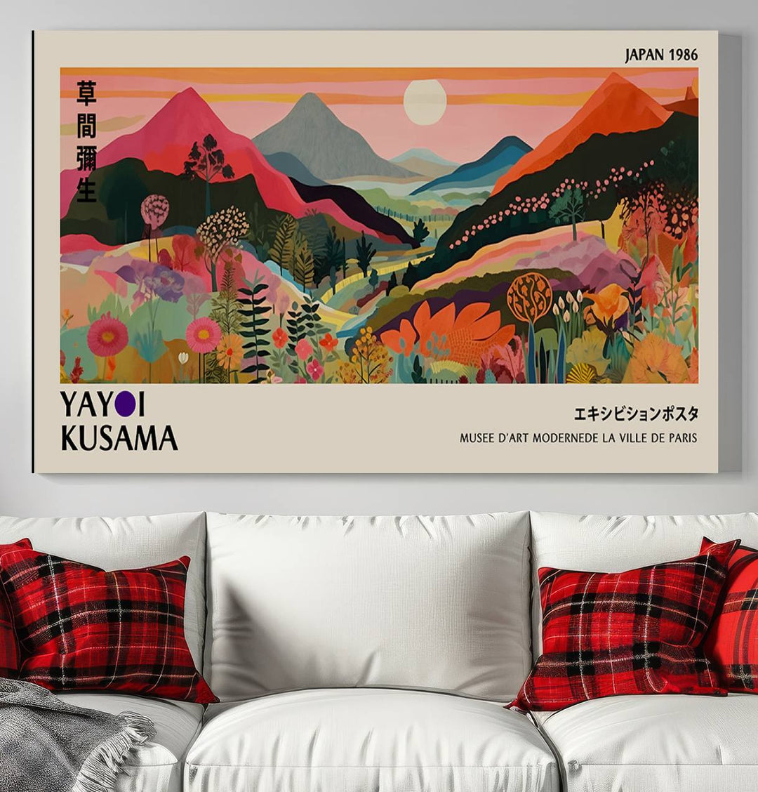 A vibrant abstract landscape by Yayoi Kusama adorns a Wabi Sabi ready-to-hang canvas print, featuring mountains and flowers.