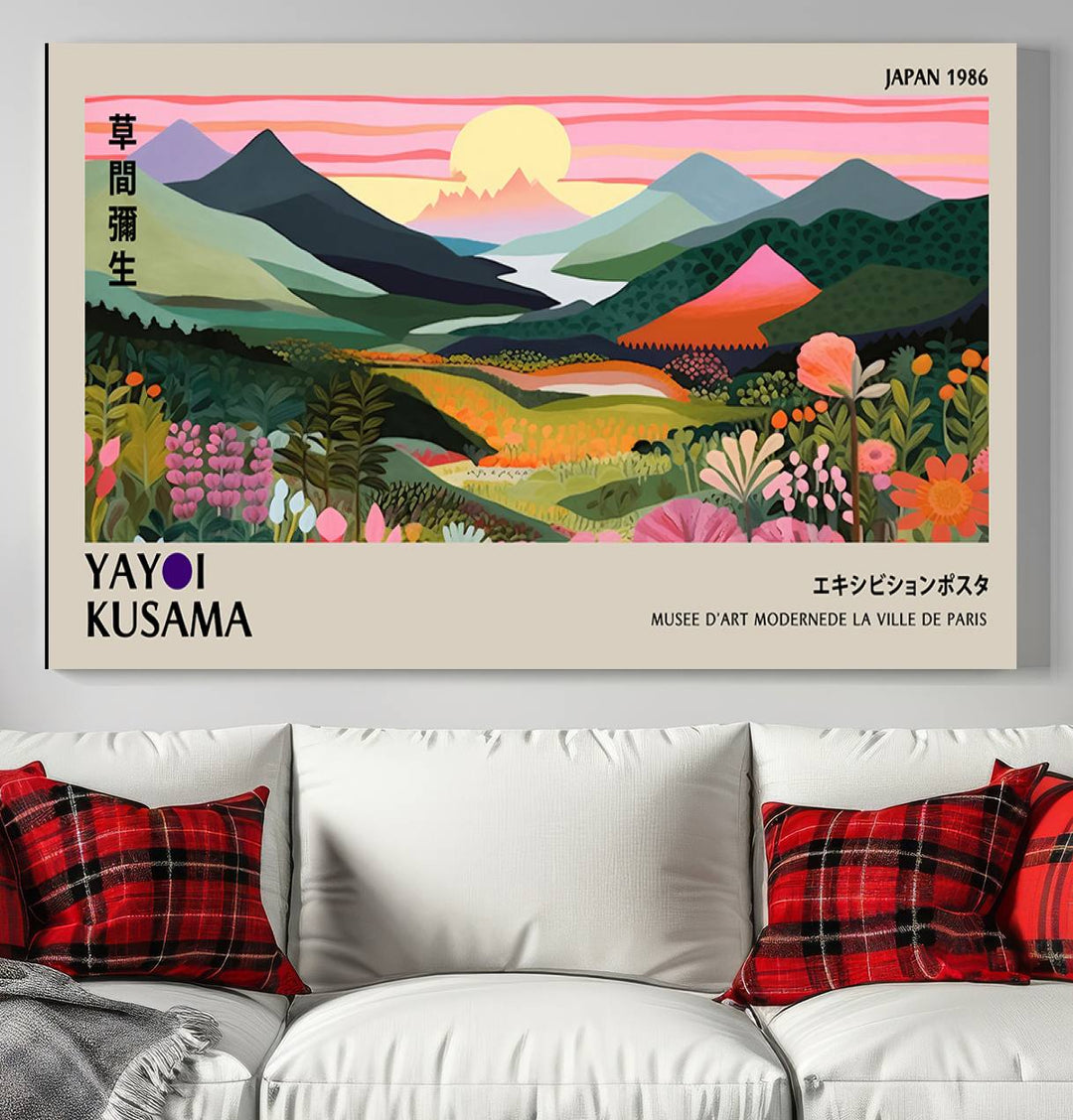 Vibrant abstract landscape canvas with mountains and fields, titled Yayoi Kusama 1986 Wall Art Print.