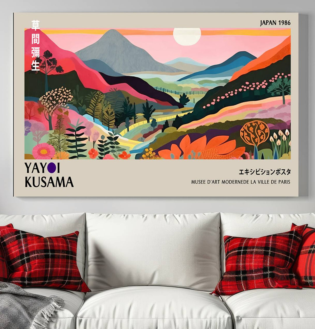 Vibrant abstract landscape canvas inspired by Yayoi Kusama, featuring mountains, trees, and flowers in a triptych style.