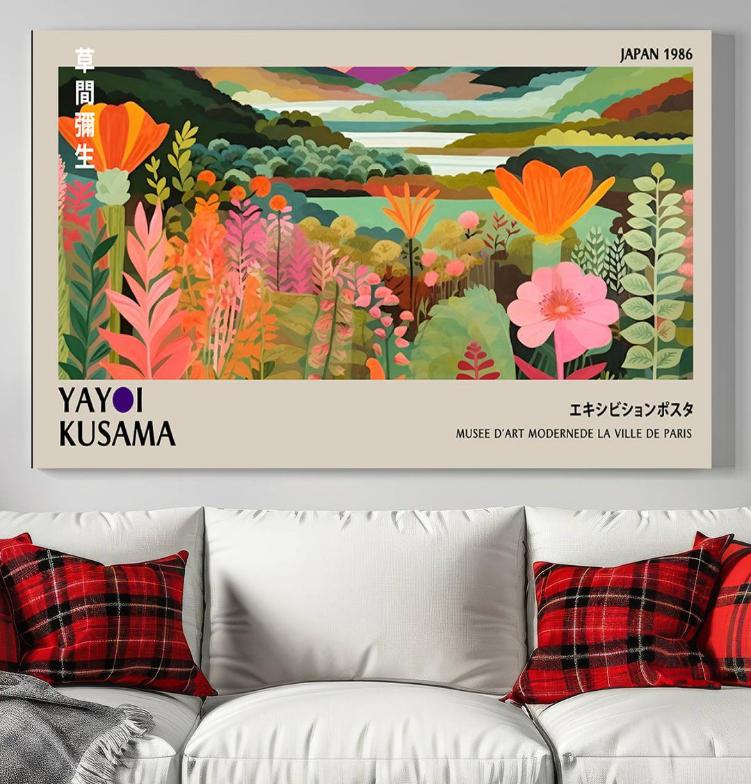 A vibrant 1986 Yayoi Kusama abstract landscape featuring flowers and hills on a canvas wall art print, ready-to-hang.