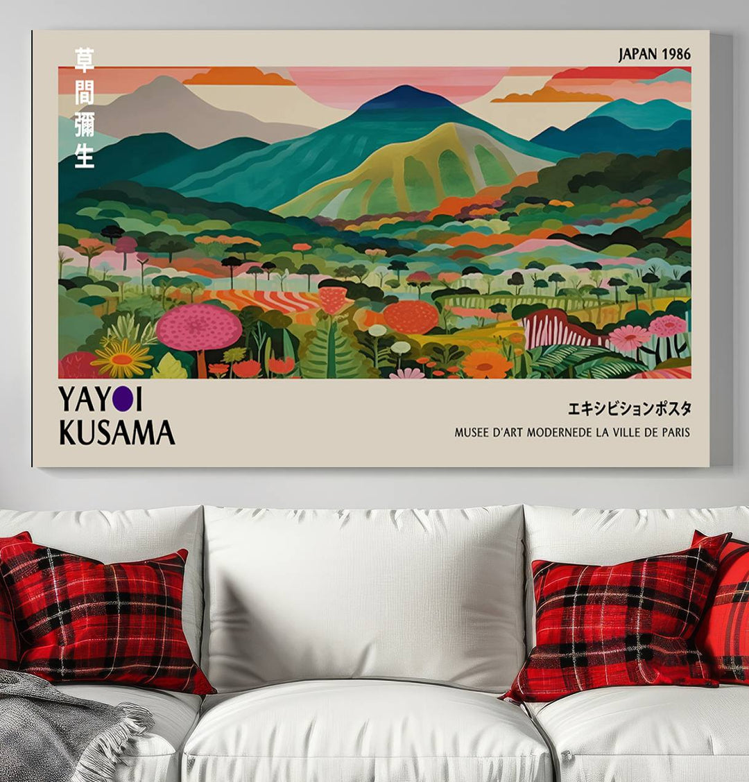 1986 Yayoi Kusama Art Print – Vibrant, abstract landscape featuring hills and trees in a Japanese Wabi Sabi style. Ready-to-hang.