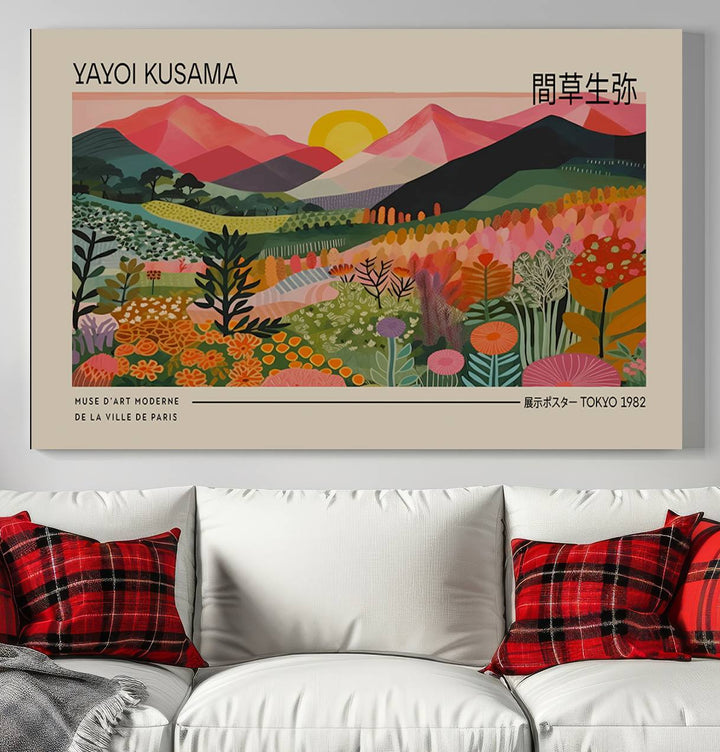 A vibrant abstract triptych features mountains, a sun, and plants in Yayoi Kusamas style with Japanese and French text included.