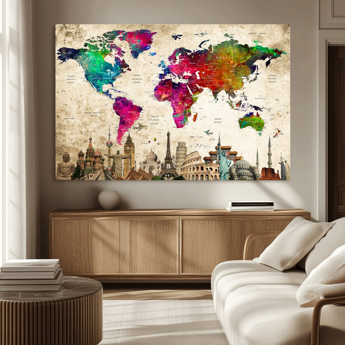 MGV-CV-36X24 - Push Pin World Map Canvas Print – Framed Wall Art for Couples to Track Their Travels – Anniversary