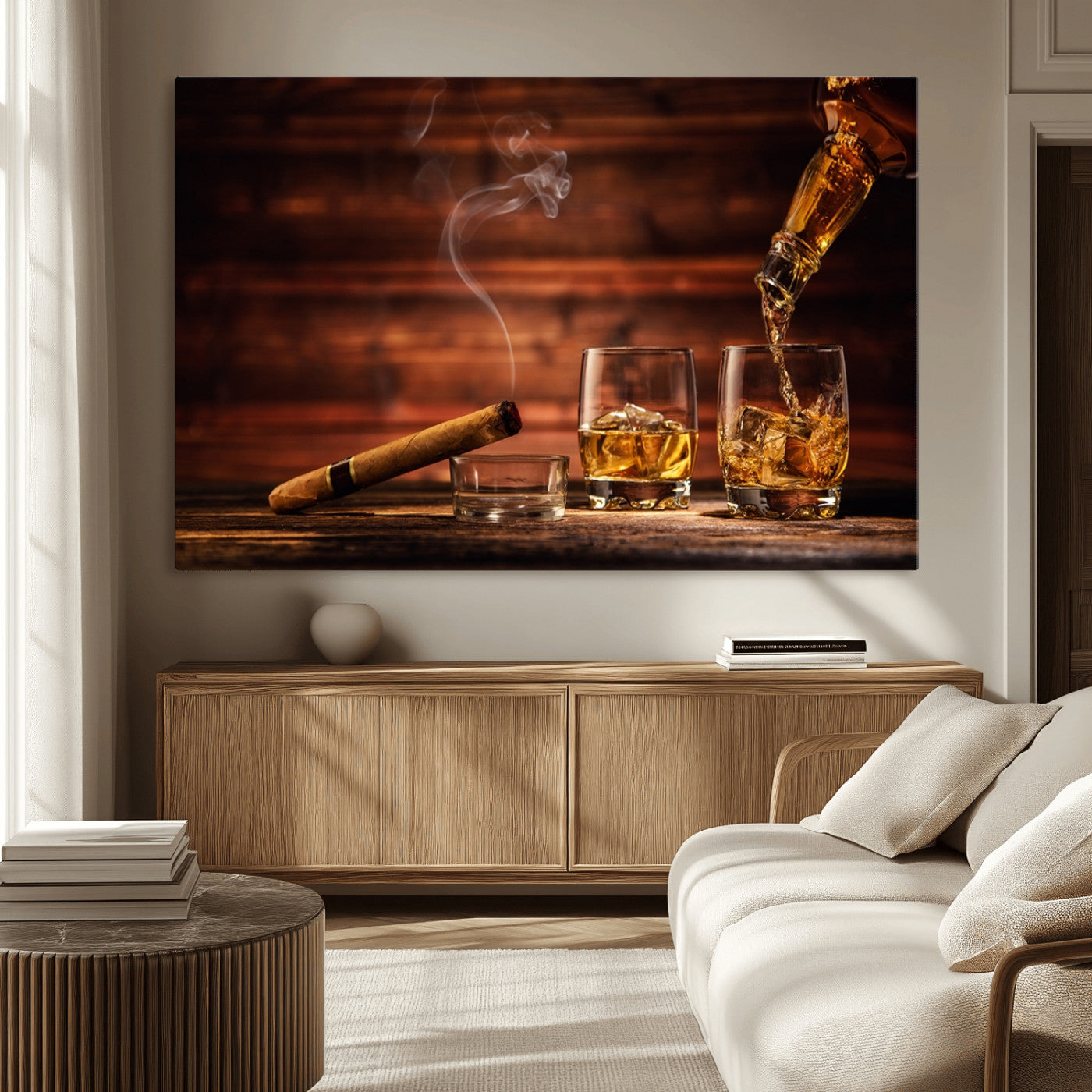 MGV-CV-36X24 - Whiskey and Cigar Wall Art Canvas | 3 Panel Bar Room Decor for Home Lounge, Office, or Man Cave |