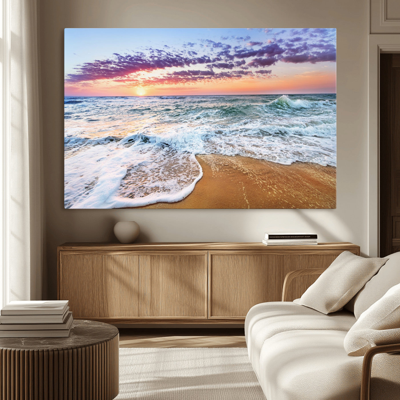 MGV-CV-36X24 - Coastal Sunset Art Beach Canvas Wall Art Print | Ocean Waves Wall Art | Large 3-Panel Seascape for