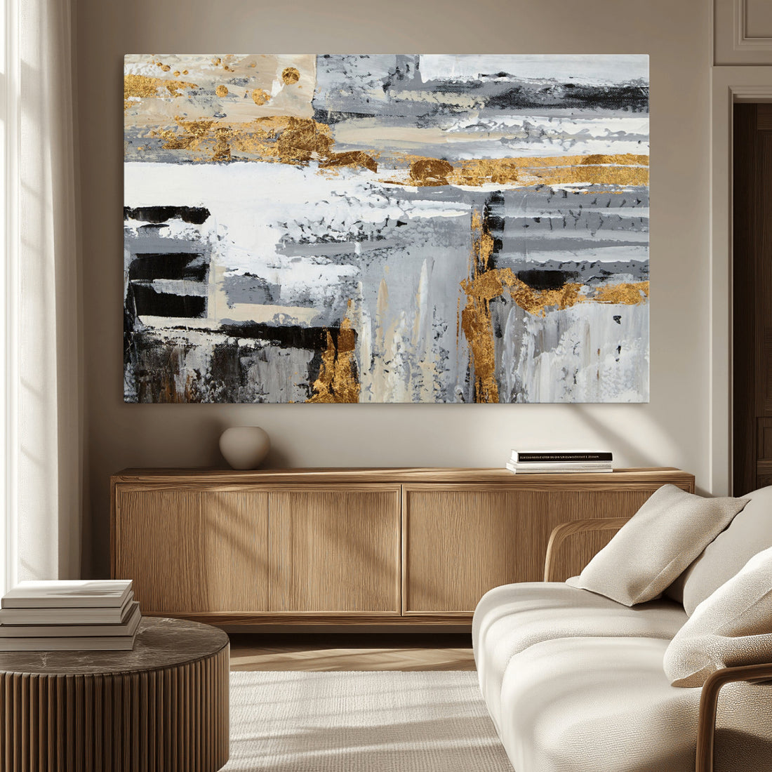 Abstract Painting Canvas Wall Art Print | Gray Paint Drip and Brush Strokes Art