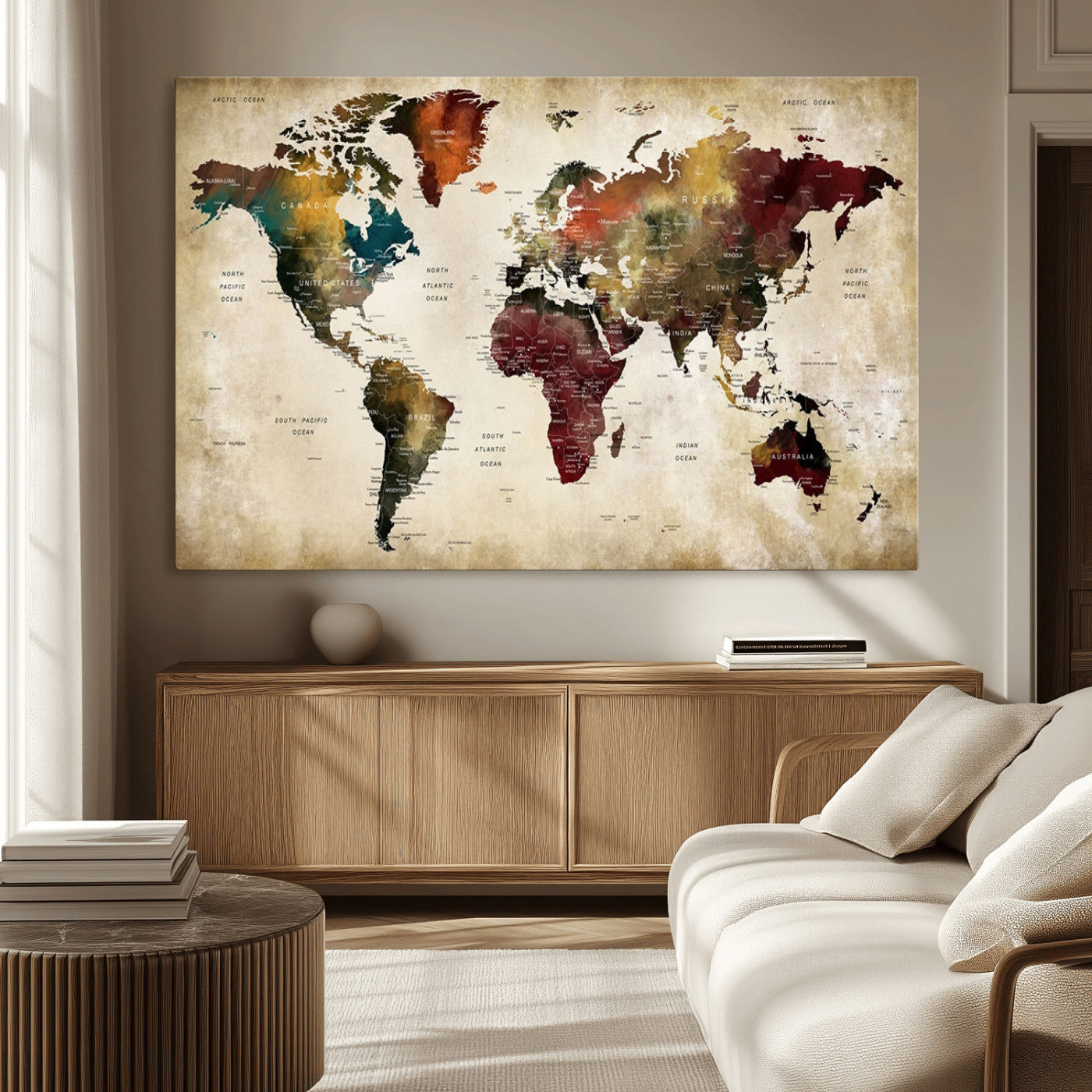 MGV-CV-36X24 - Large World Map Wall Art Canvas Print, Framed Push Pin Map Art Picture Print, Abstract Traveller Map Perfect Modern Decor Artwork