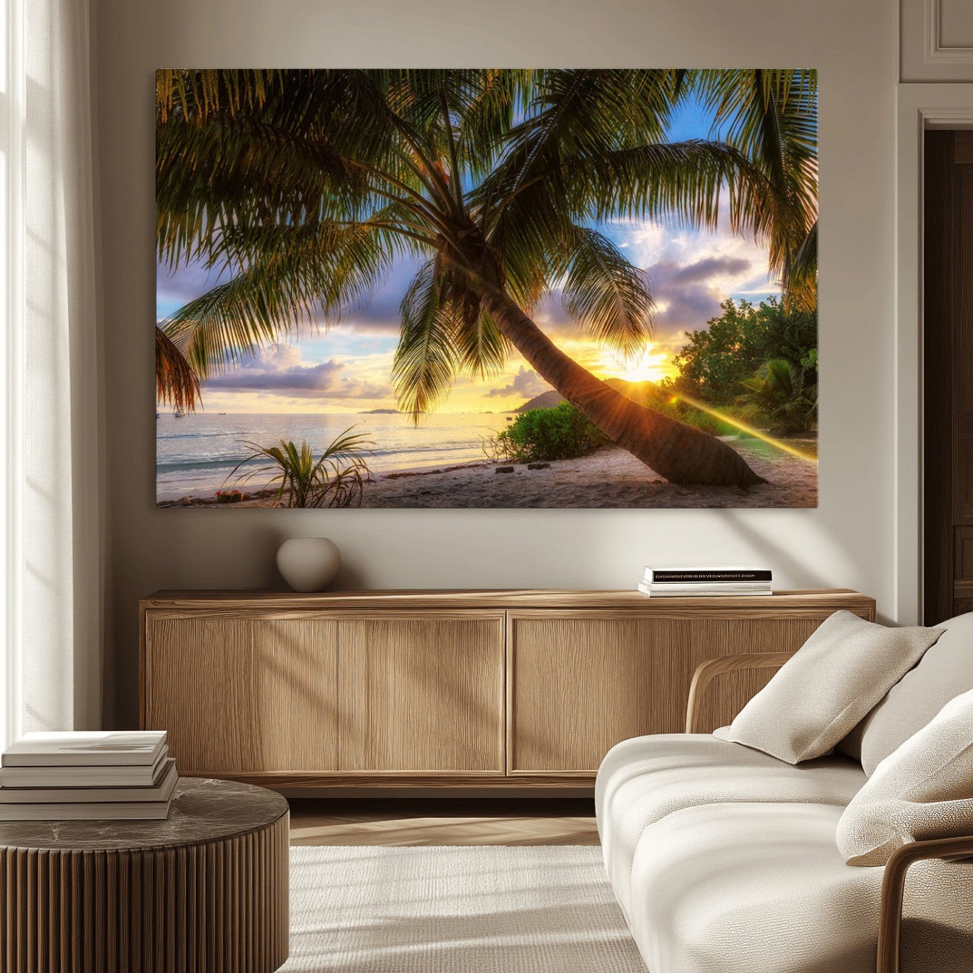 MGV-CV-36X24 - Tropical Island Sunset on the Beach Palms Wall Art Canvas Print