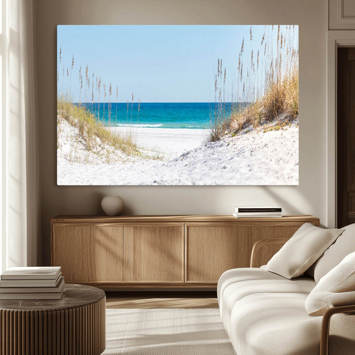 MGV-CV-36X24 - Serene Coastal Dune Path with Ocean View, 3-Panel Beach Canvas Wall Art, Tranquil Seascape Giclee