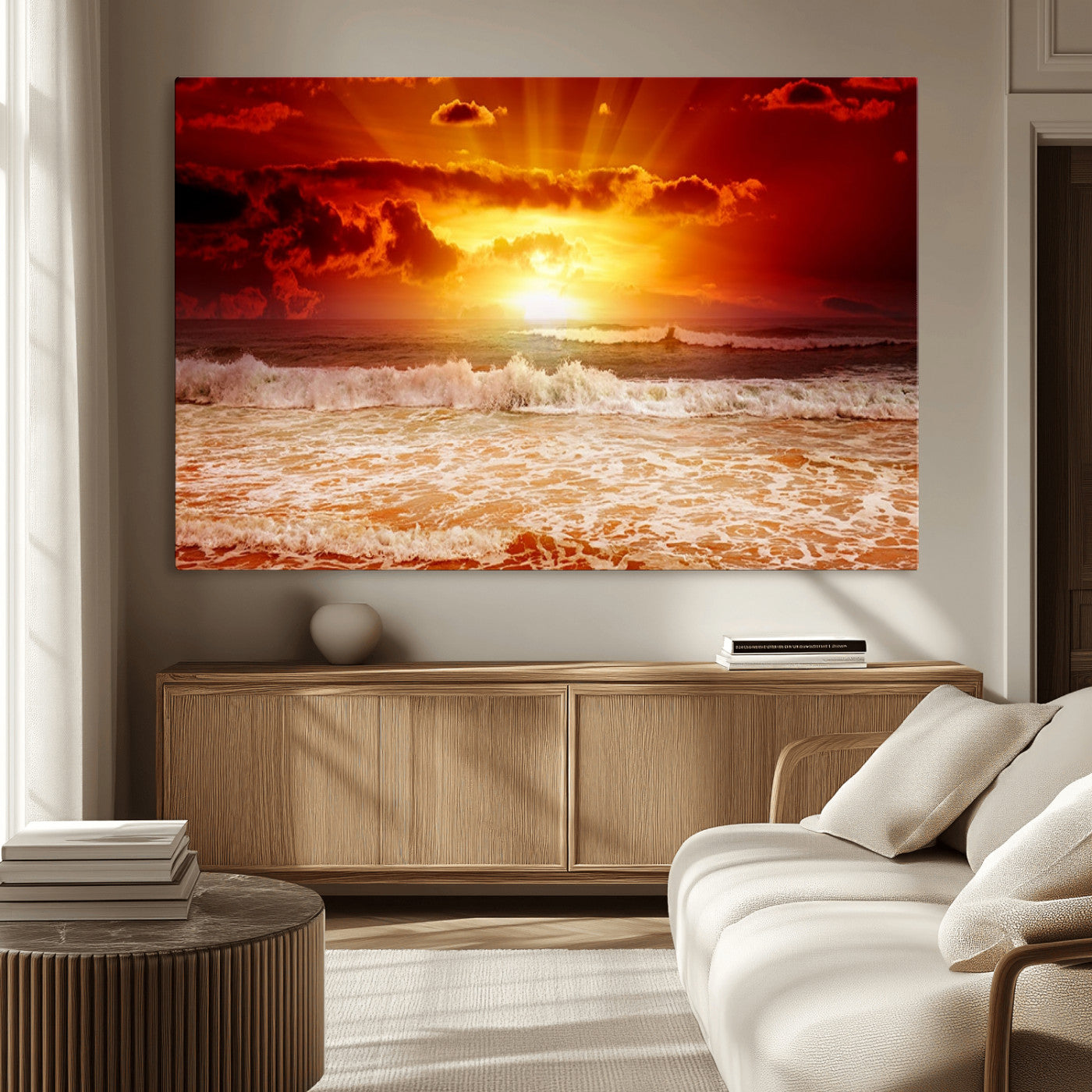 MGV-CV-36X24 - Red Sunset Ocean Beach Canvas Wall Art Beach Canvas, Coastal Sunset Print