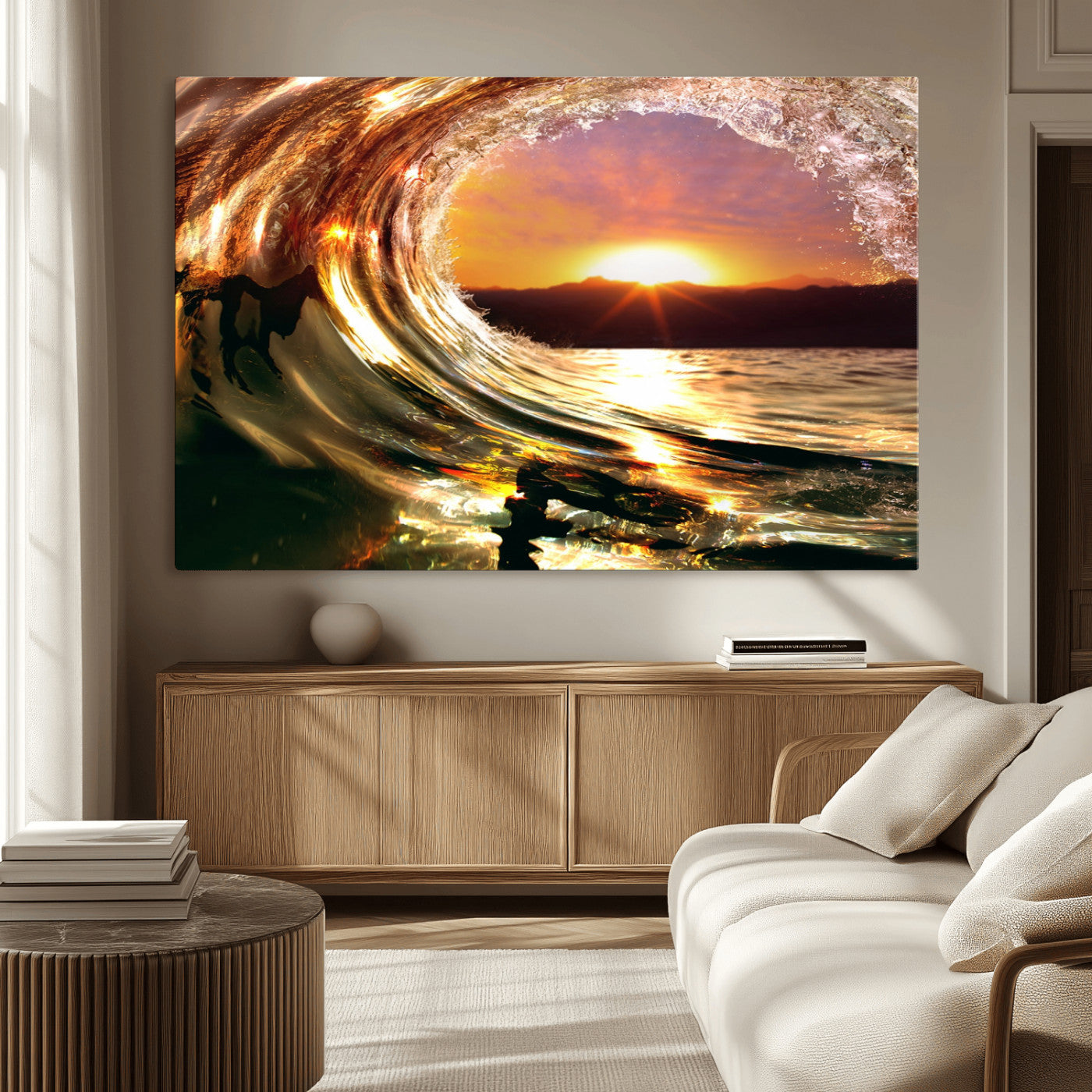 MGV-CV-36X24 - Golden Wave Sunset Triptych Canvas Art, Giclee Canvas Print of Ocean Wave and Sunset, Framed Ocean