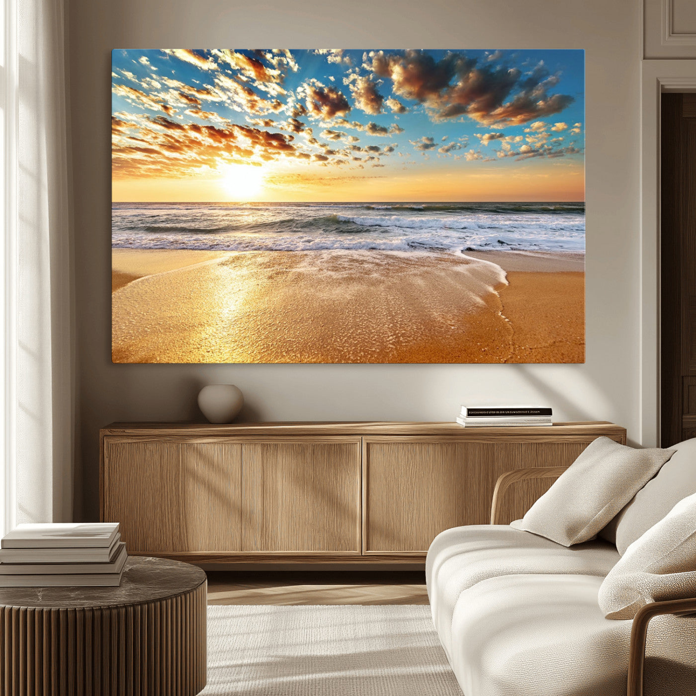 MGV-CV-36X24 - Golden Sunset Beach Print Canvas Wall Art, Giclee Canvas Print with Canon Print Quality, Triptych