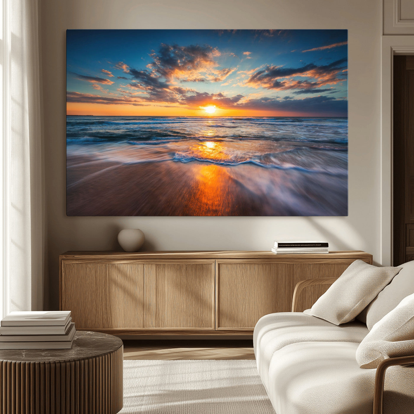 MGV-CV-36X24 - Sunset on the Ocean Beach with Waves, Reflections on Sand, Coastal Wall Art Print, Beach Wall Art,