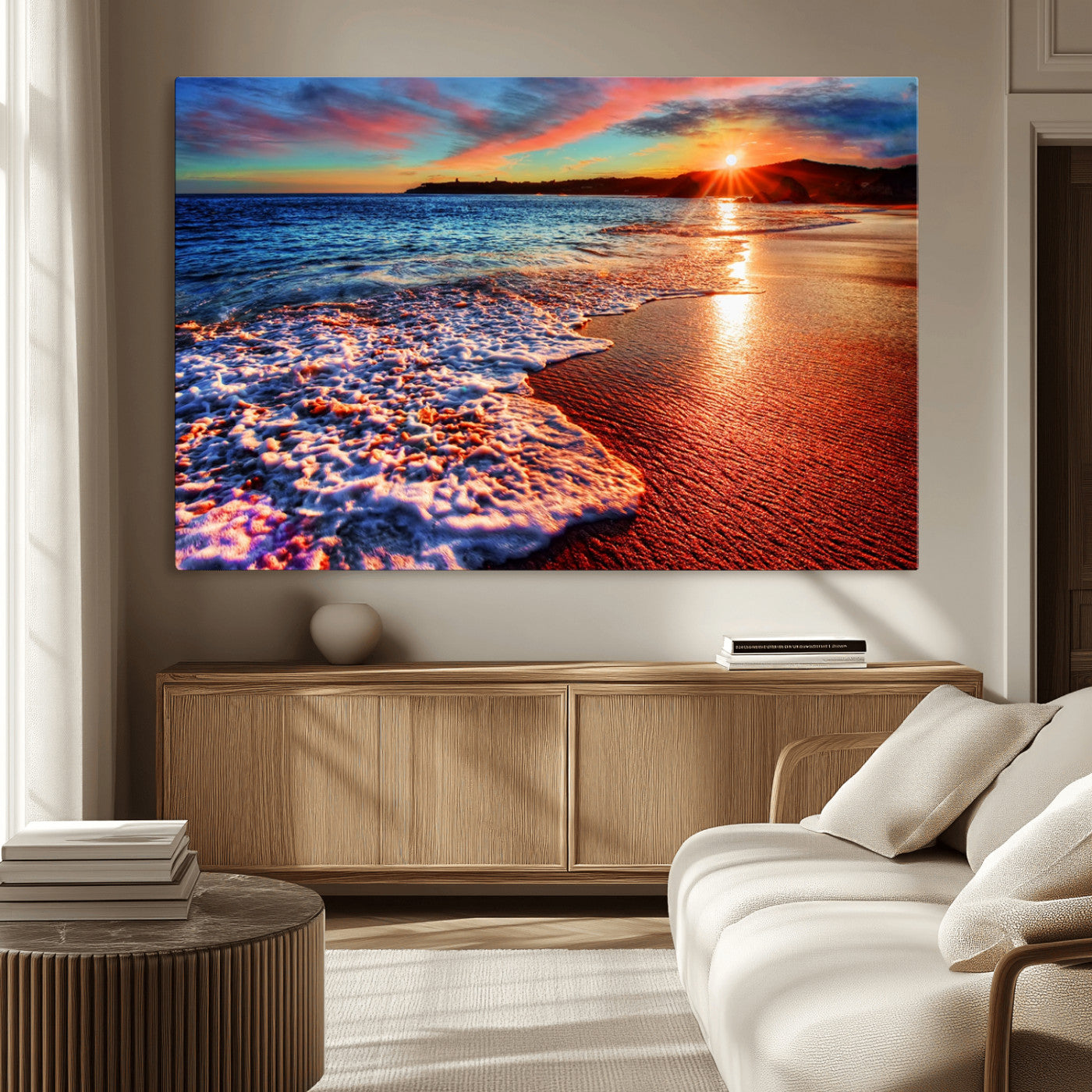 MGV-CV-36X24 - Colorful Coastal Sunset on the Beach Canvas Print, Ocean Waves Crashing at Dusk, Multi-Panel