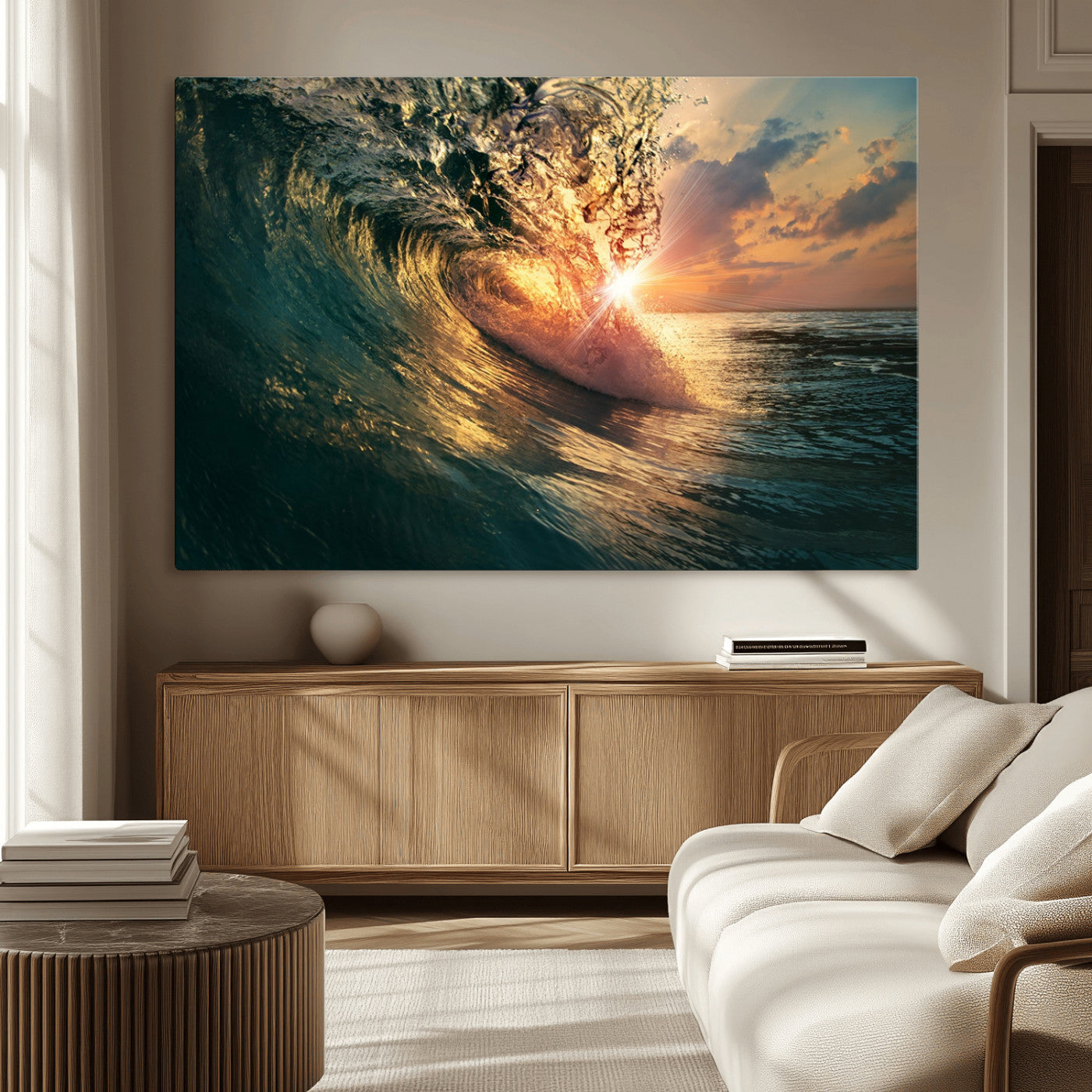 MGV-CV-36X24 - Ocean Wave Sunset Canvas Wall Art – Triptych Seascape Print – Framed and Ready to Hang for Living