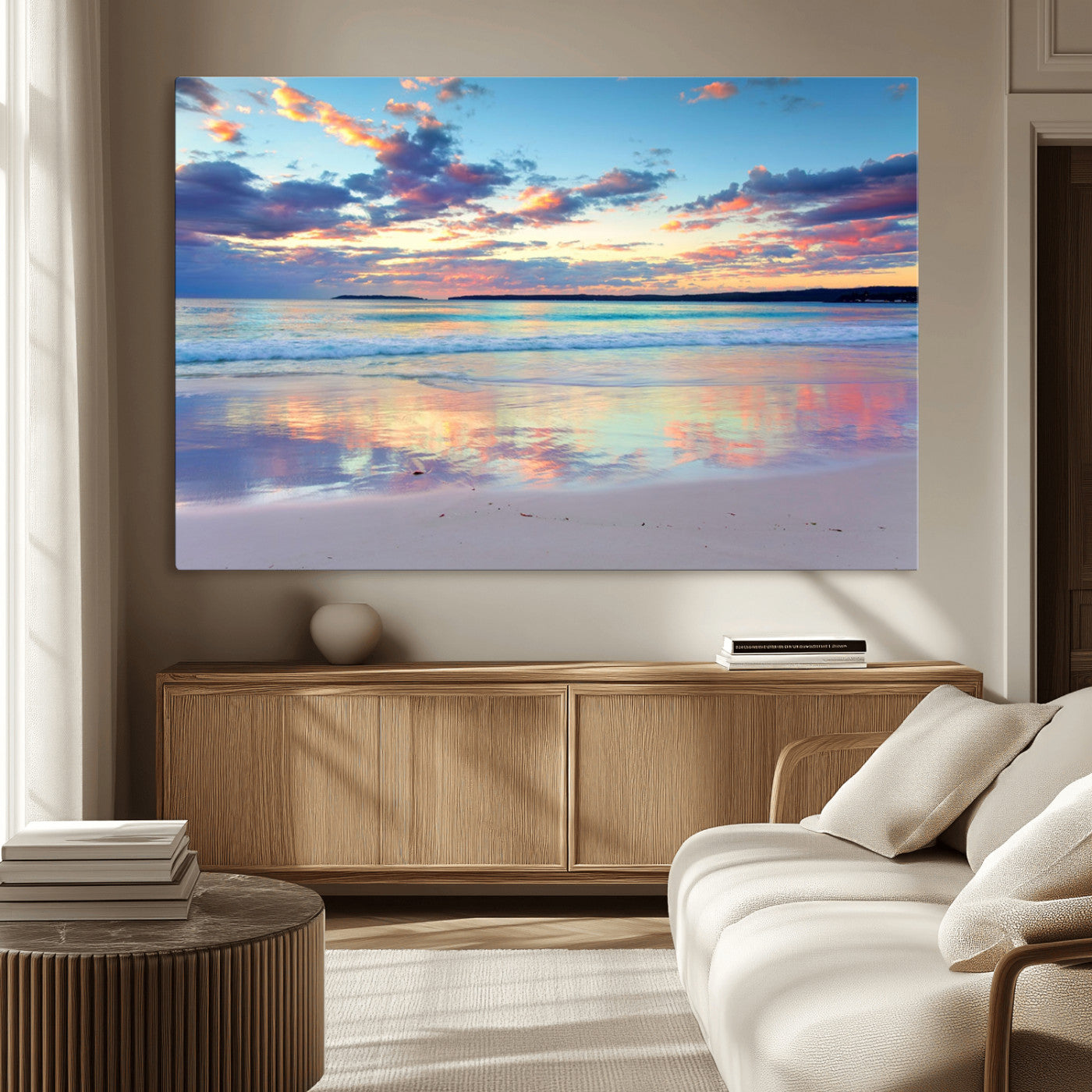 MGV-CV-36X24 - Tranquil Pastel Sunset Beach Triptych Canvas Art, Soothing Coastal Ocean Shoreline Giclee Print,