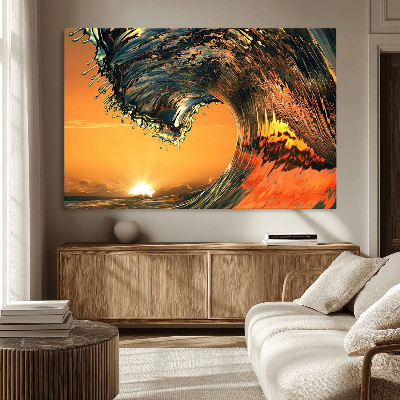 96977-MGV-CV-36X24-Surf Wave Sunset Canvas Wall Art Print, 3-Panel Ocean Coastal Wall Art Print, Ocean Decor for