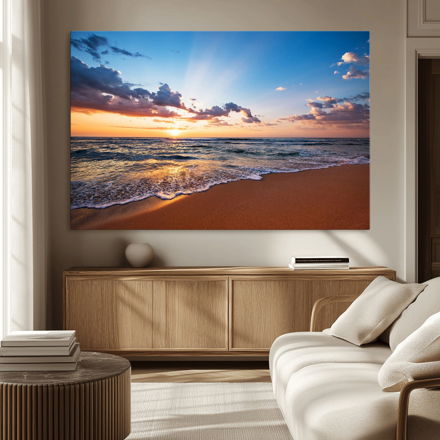 -Serene Ocean Sunset Canvas Print, Golden Hour Beach Wall Art, Giclee Canvas with Gallery Wrap and