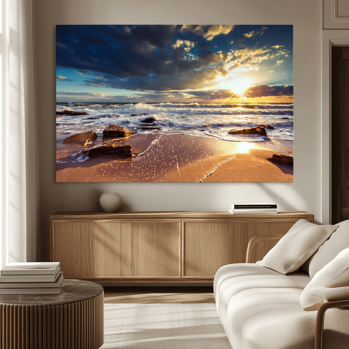 MGV-CV-36X24 - Golden Hour Beach Sunset Canvas Triptych, Ocean Waves and Rocks Wall Art for Coastal Home Decor